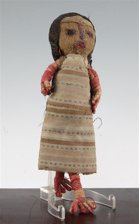 A Peruvian Chancay woven cloth doll, believed to be pre-Columbian in origin, 12in.